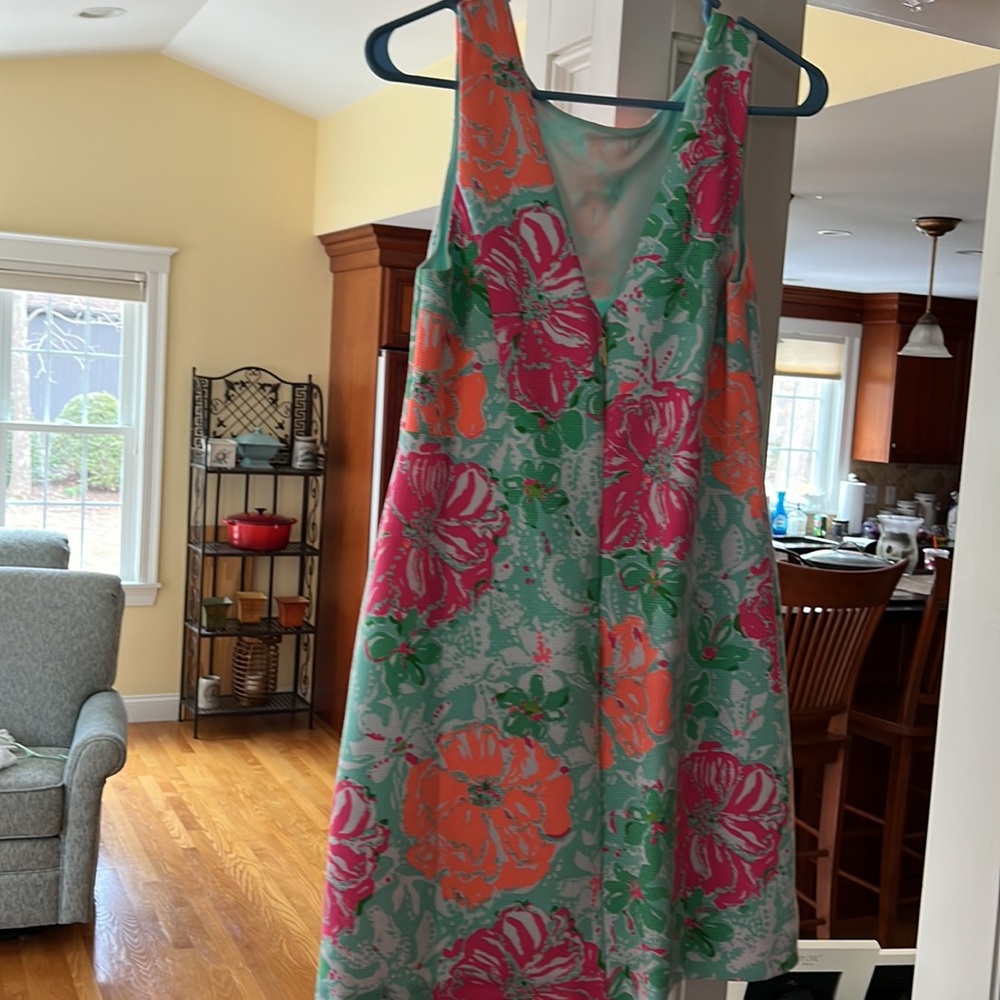 A line shift dress with gold zipper down the back.Vibrant colors and pattern. - Picture 2 of 4